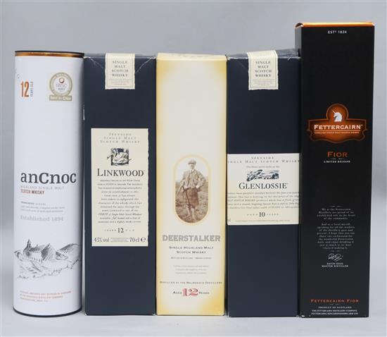 Five assorted bottles of whisky: Ancnoc 12yo, Fettercairn Fior Ltd Release, Deerstalker 12yo, Linkwood 12yo and